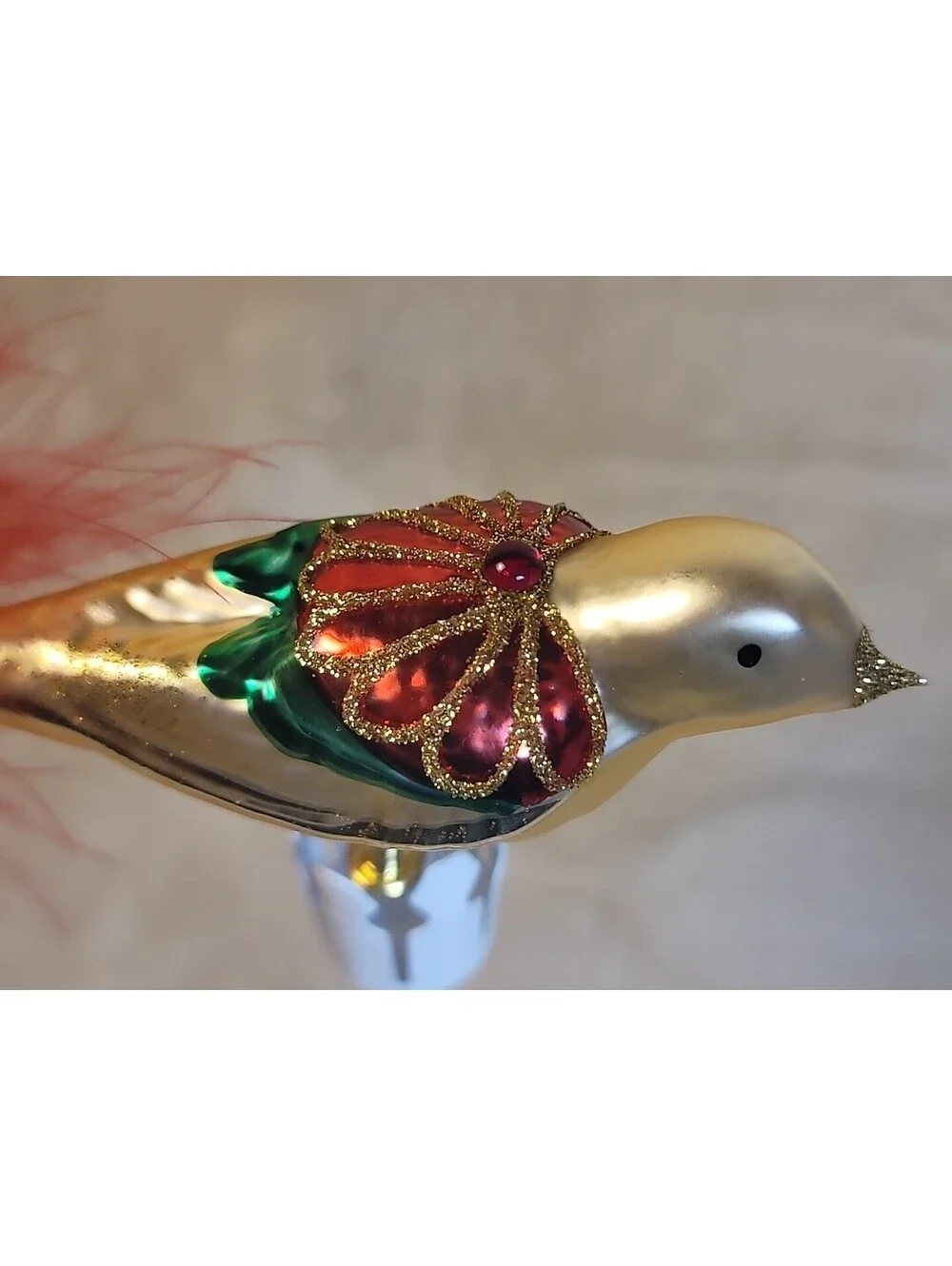 Vintage Equsite Polish Hand Blown Mercury Glass Clip On Bird Christmas Ornament